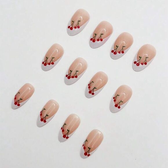 Whimsy Kawaii Cottagecore 24 Piece Cherry French Tip Almond Shape Nails - Picture 3 of 11